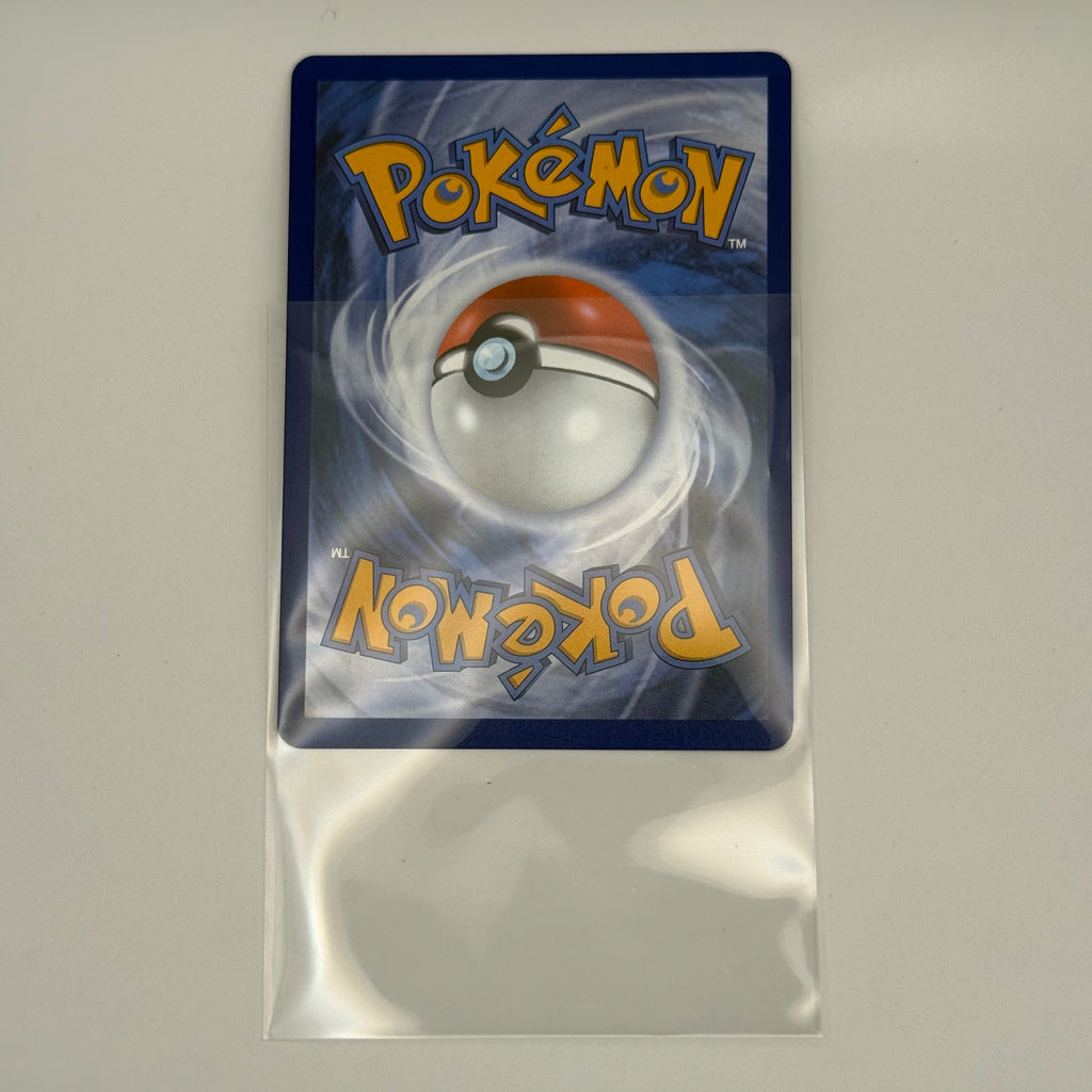 A Pokémon trading card sleeve or protective case with a blue card back featuring the Pokémon logo and a Pokéball graphic, photographed on a plain light background.