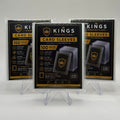 Three packs of Kings Protection card sleeves displayed on clear plastic stands against a white background.